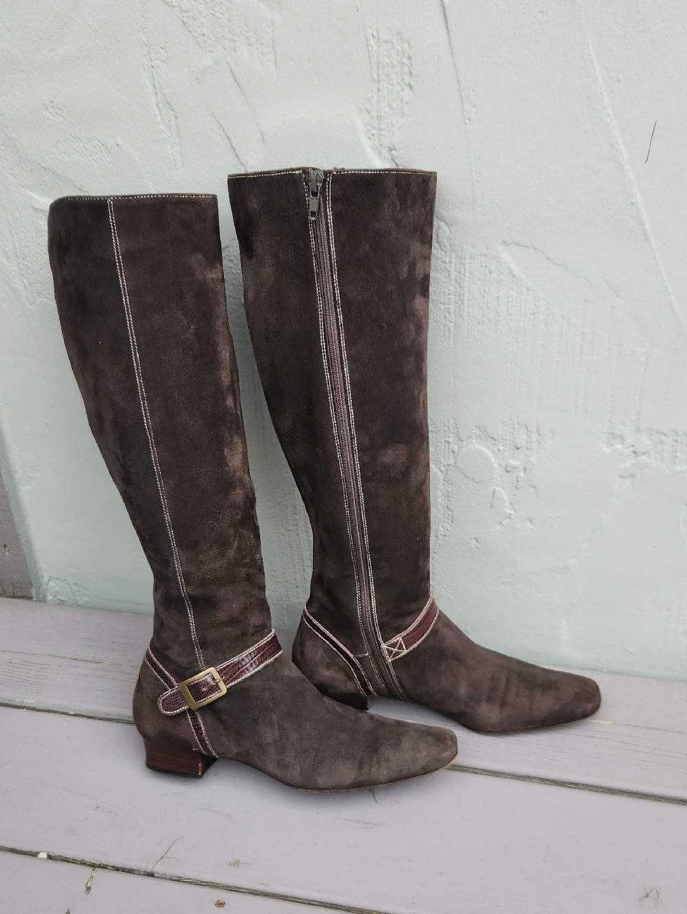 Cole Haan Suede Boots Tall Brown With Alligator Embossed Leather Buckle Accents
